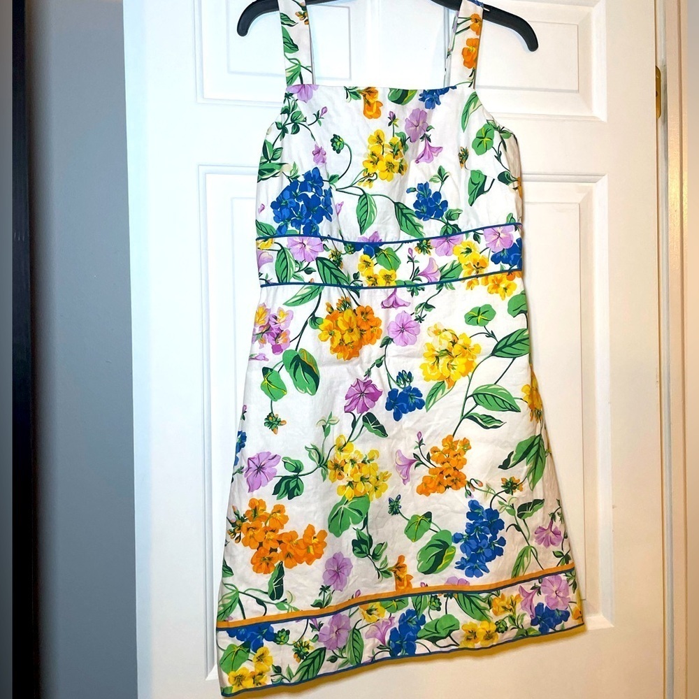 Ann Taylor Womans Floral Linen/Cotton Dress White Size 6P Colorful Sleeveless